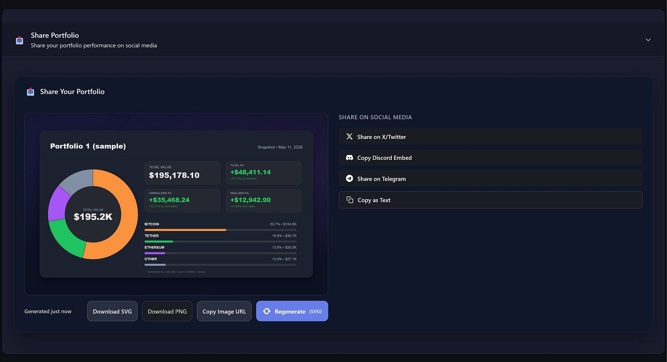 A portfolio snapshot exported as PNG and posted on X, showing current holdings and total portfolio value